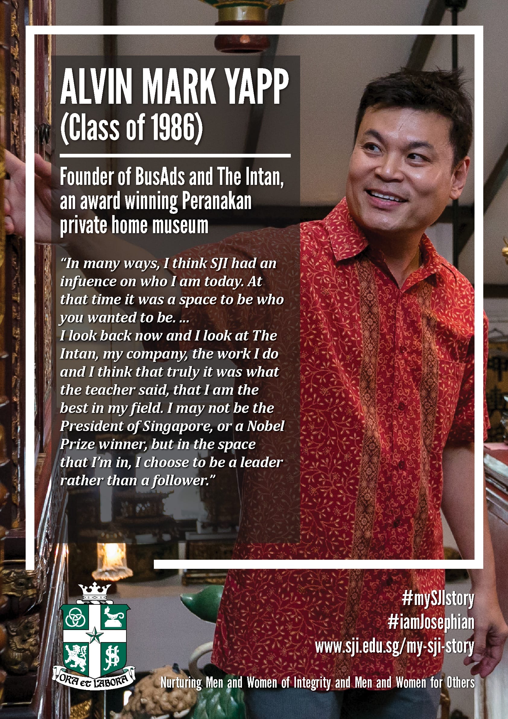 Promotional poster featuring Alvin Mark Yapp in a red batik shirt, with text about his work and an SJI school crest.